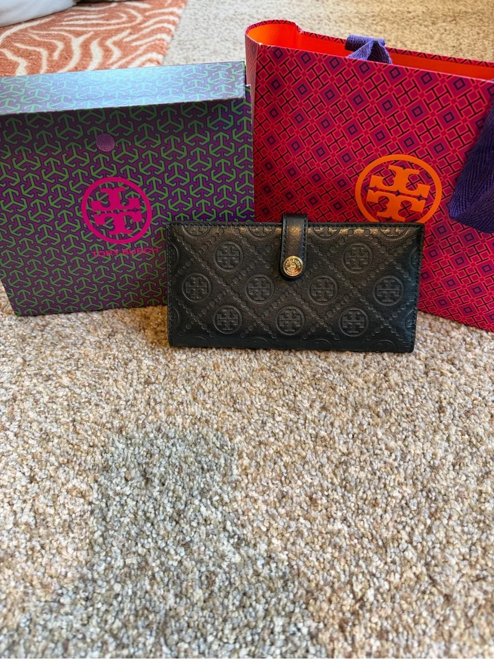 Tory Burch Black Embossed Logo Continental Wallet with Gold Snap